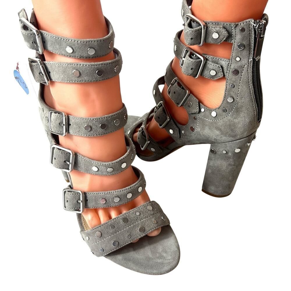 Sam Edelman Womens 7.5 M Gray Suede Studded Cage Ultra High Heel Sandal Open Toe